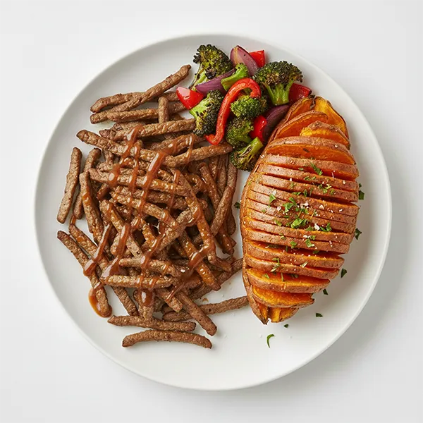 Texas beef strips with sweet potato hasselback